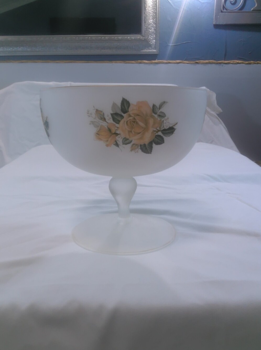 White Glass Floral Compote Bowl with Yellow Rose Accent